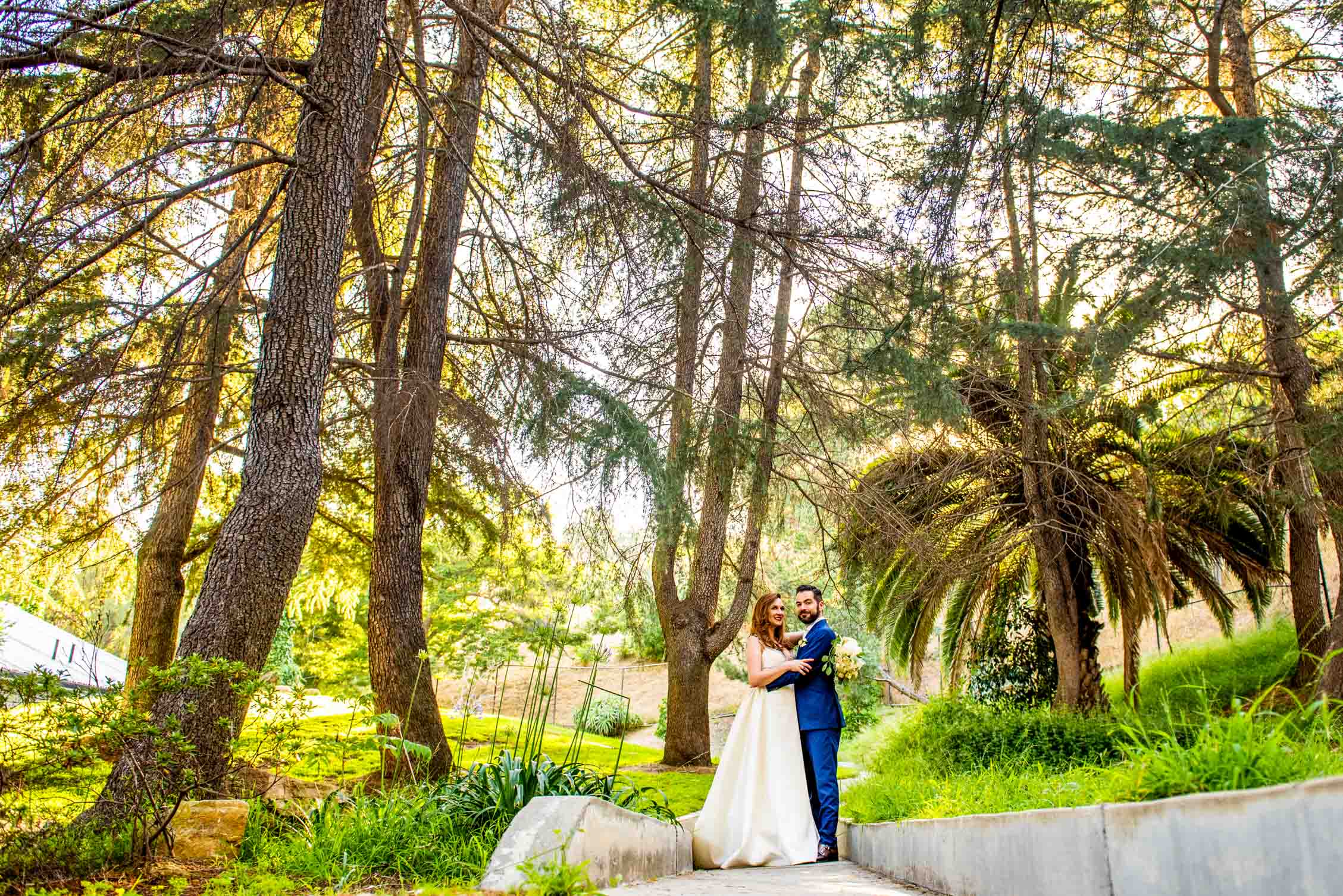 Wedding couple standing amongst lush palm trees